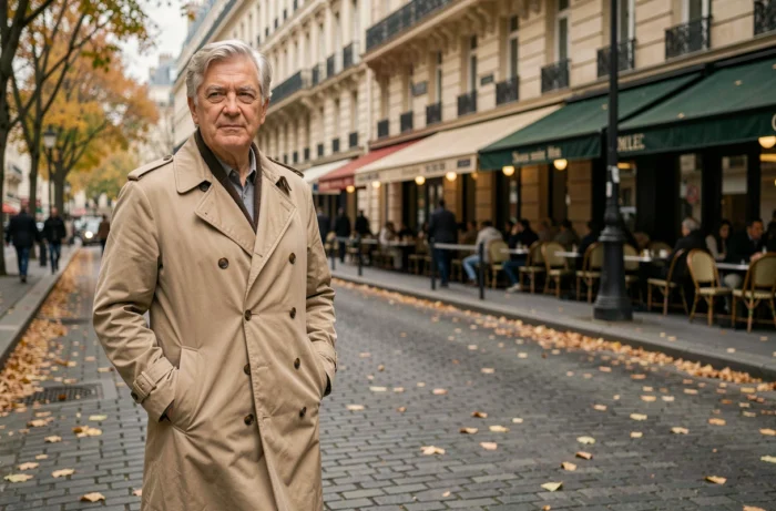 Homme élégant aux cheveux argentés marchant sur un boulevard parisien en automne, illustrant le profil discret et mystérieux de Michel Lafon père de Julie Andrieu