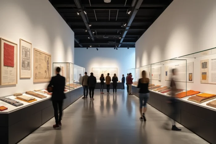 Salle d'exposition d'un musée textile moderne présentant l'histoire du tissu avec des vitrines de textiles anciens en soie et coton