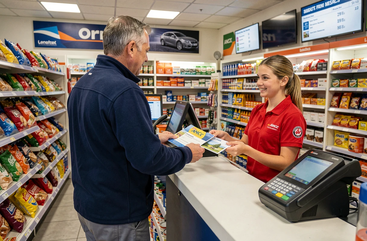 Client remettant des chèques vacances ANCV à une caissière dans une station-service