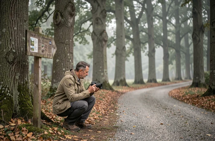 Visiteur lisant un panneau de signalisation dans la forêt du domaine de Chambord