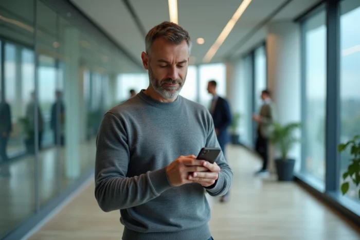 Agent administratif paramétrant un compte de messagerie académique Zimbra sur iPhone dans un couloir de bureau