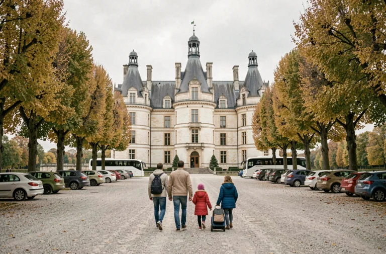 Famille marchant depuis le parking gratuit vers le château de Chambord en automne