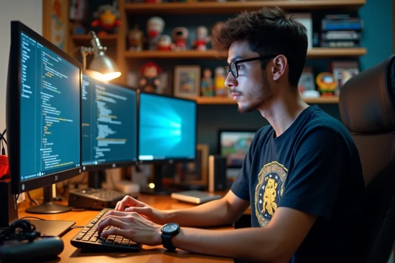 Jeune passionné de culture geek travaillant sur plusieurs écrans dans un bureau personnel rempli de figurines et de jeux rétro