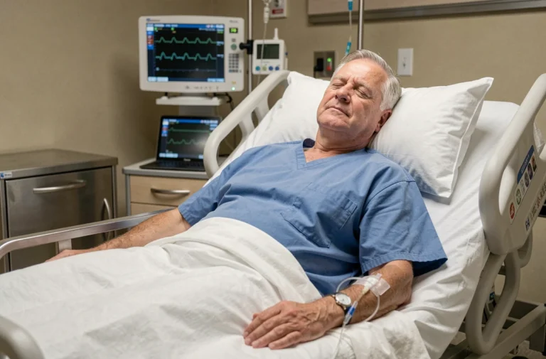 Patient âgé au repos dans une unité de soins cardiaques après la pose d'un stent, connecté à des moniteurs cardiaques