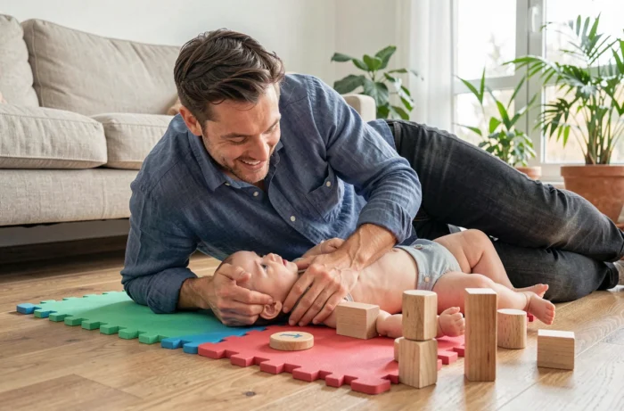 Père jouant avec son bébé de six mois sur un tapis d'éveil coloré dans un salon moderne, illustrant le développement moteur et l'éveil du nourrisson