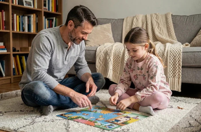 Père et fille assemblant un puzzle sur le sol du salon, moment de complicité et de jeu en famille à la maison