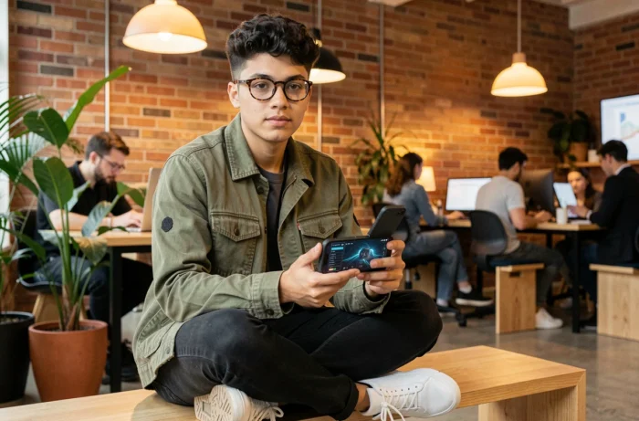 Personne non-binaire tenant un smartphone pliable dans un espace de coworking créatif illustrant les tendances tech 2024