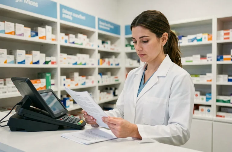 Pharmacienne consultant des documents administratifs lors d'un transfert de pharmacie au comptoir