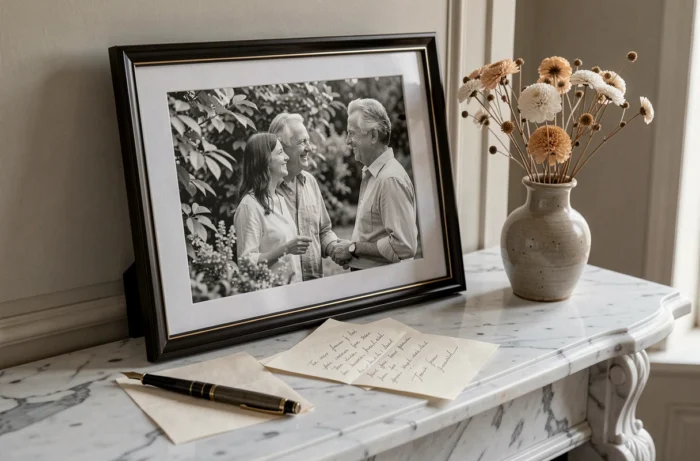 Photographie en noir et blanc encadrée sur une cheminée en marbre représentant un père et sa fille dans un jardin, évoquant la relation entre Michel Lafon et Julie Andrieu