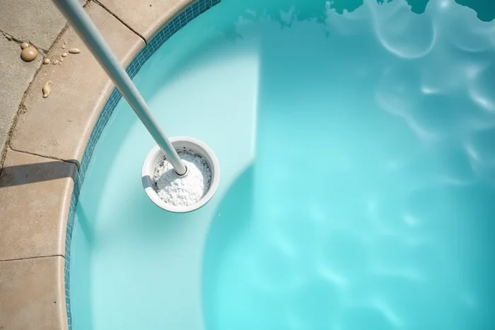 Vue aérienne d'une piscine à l'eau trouble et laiteuse suite à un surdosage de clarifiant