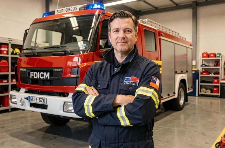 Pompier en uniforme devant un camion rouge dans une caserne de Gironde, illustrant l'engagement des sapeurs-pompiers locaux