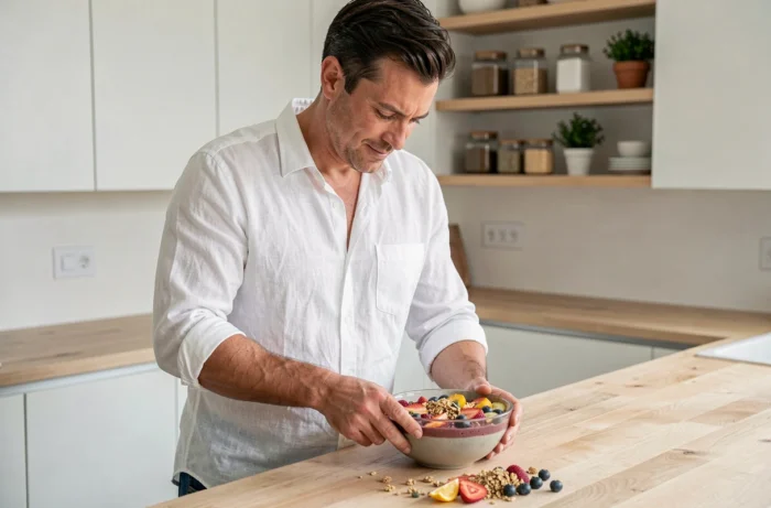 Homme préparant un bol de smoothie coloré dans une cuisine moderne, symbole d'une alimentation saine dans une routine de soin quotidien