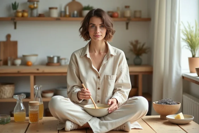 Femme préparant un soin visage maison à base d'ingrédients naturels comme le miel et le beurre de karité dans une cuisine minimaliste