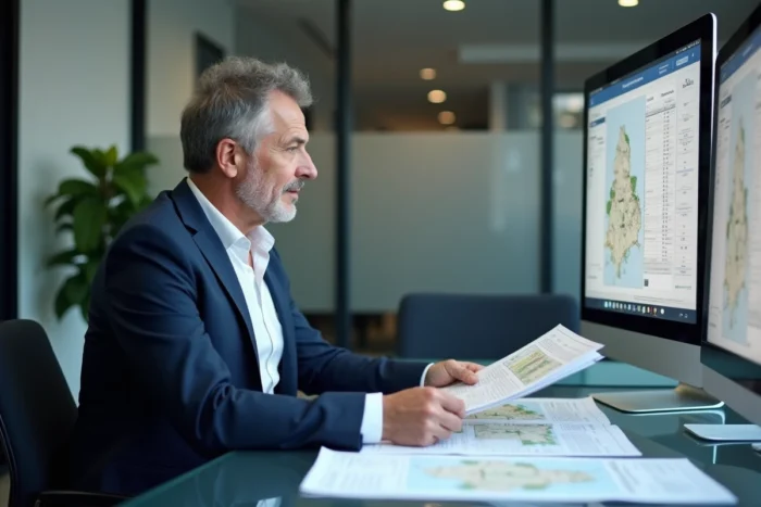 Professionnel de l'immobilier analysant des données foncières et des cartes cadastrales pour simplifier l'achat de terrain en France