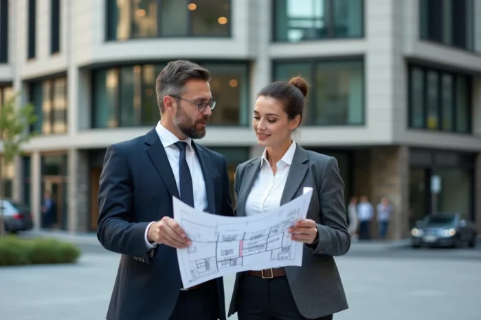 Professionnels de l'immobilier évaluant un immeuble commercial dans le cadre de la valorisation d'actifs d'une SCPI