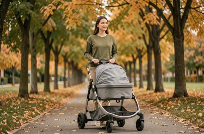 Mère promenant son bébé en poussette dans un parc aux couleurs d'automne lors d'une sortie quotidienne