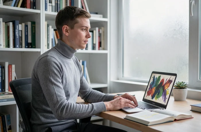 Personne aux cheveux courts concentrée devant un ordinateur portable dans un bureau minimaliste, entourée de livres et de recherches sur l'identité de genre et le xenogenre