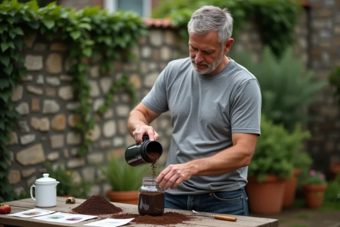Homme récupérant du marc de café pour un usage anti-cloportes au jardin