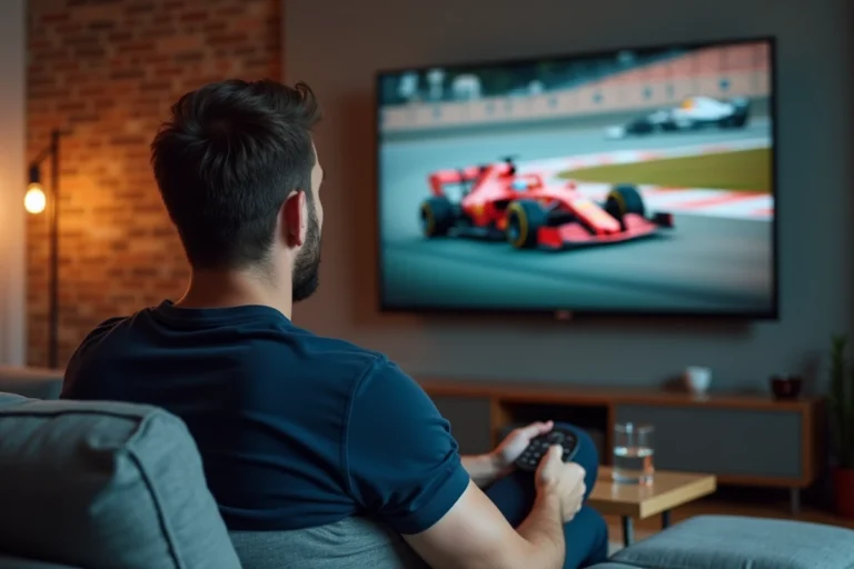 Un homme regarde un Grand Prix de Formule 1 en direct à la télévision dans son appartement moderne