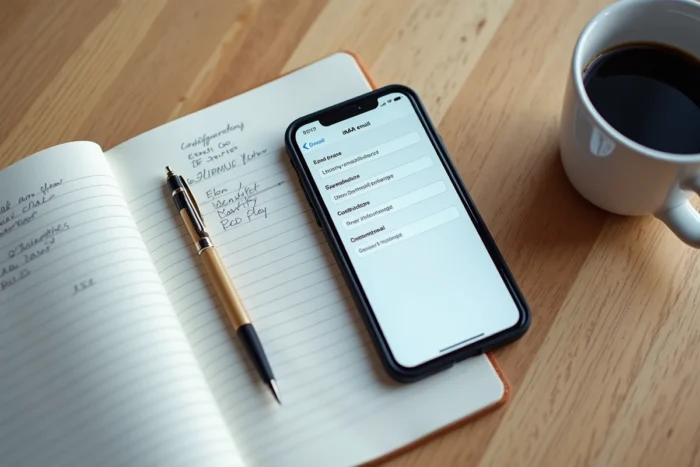 Paramètres IMAP de la messagerie Zimbra académique affichés sur un smartphone posé sur un bureau avec un carnet de notes