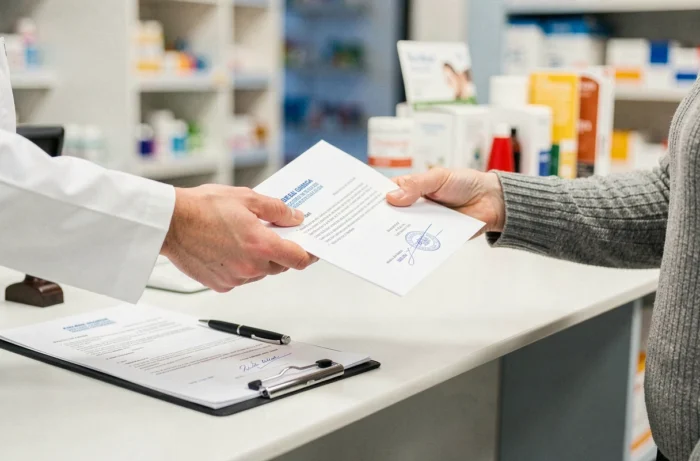 Remise d'un document officiel lors des étapes administratives du transfert de dossier en pharmacie