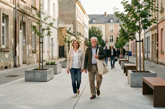 Résidents marchant sur une allée piétonne rénovée dans le Quartier Nord de Villeneuve-Saint-Georges avec des immeubles en cours de réhabilitation en arrière-plan