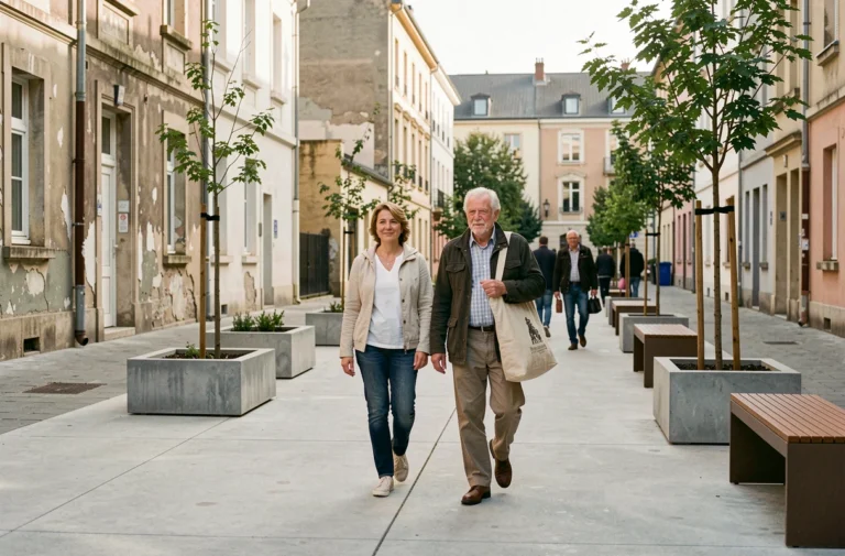 Résidents marchant sur une allée piétonne rénovée dans le Quartier Nord de Villeneuve-Saint-Georges avec des immeubles en cours de réhabilitation en arrière-plan