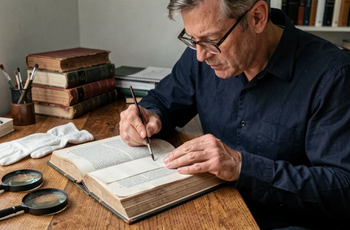 Homme appliquant un traitement de conservation sur la tranche d'un livre ancien à son bureau