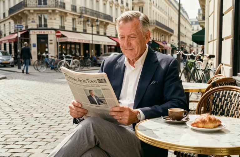 Retraité aisé lisant un journal financier en terrasse de café parisien