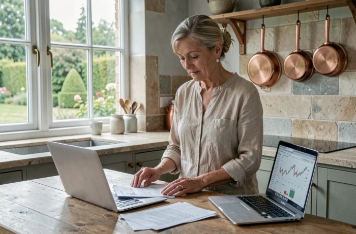 Femme retraitée aisée consultant ses finances dans une cuisine élégante