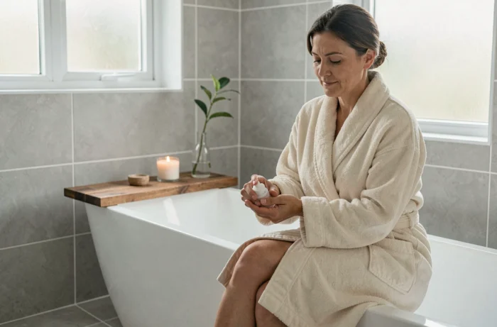 Femme en peignoir appliquant une crème hydratante assise au bord d'une baignoire dans une salle de bain apaisante, rituel de soin de soi au quotidien