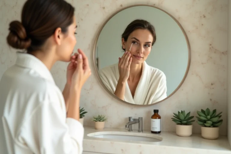 Femme appliquant un sérum naturel sur son visage dans une salle de bain minimaliste avec des produits de beauté botaniques