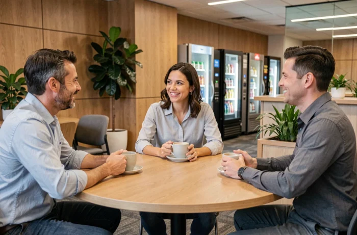 Groupe de salariés en discussion informelle dans une salle de pause d'une entreprise de logistique