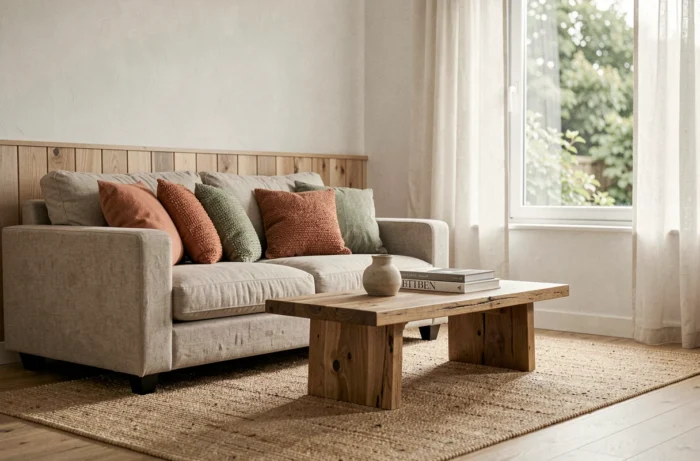 Salon moderne de style scandinave décoré avec un canapé en lin, des coussins texturés et un tapis en laine pour un intérieur cosy et élégant