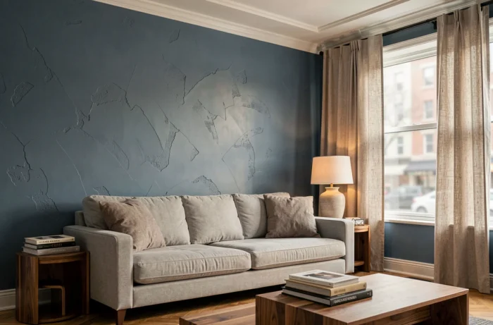 Séjour moderne avec mur d'accent peint en bleu ardoise profond, canapé gris clair et mobilier en noyer