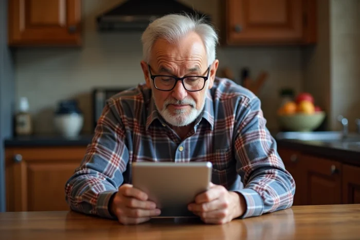 Senior perplexe consultant un message d'erreur de messagerie Laposte sur une tablette dans sa cuisine