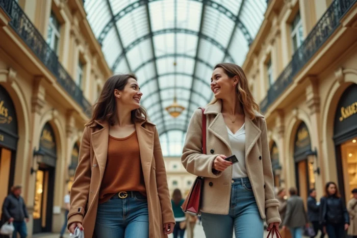 Deux femmes faisant du shopping aux Galeries Lafayette avec leur carte de fidélité sous la coupole emblématique