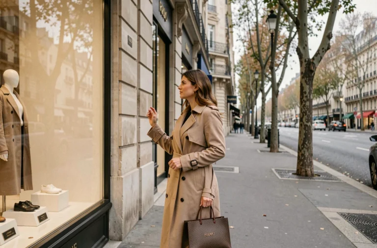 Femme élégante avec des sacs de shopping devant une vitrine de luxe sur les Champs-Élysées à Paris