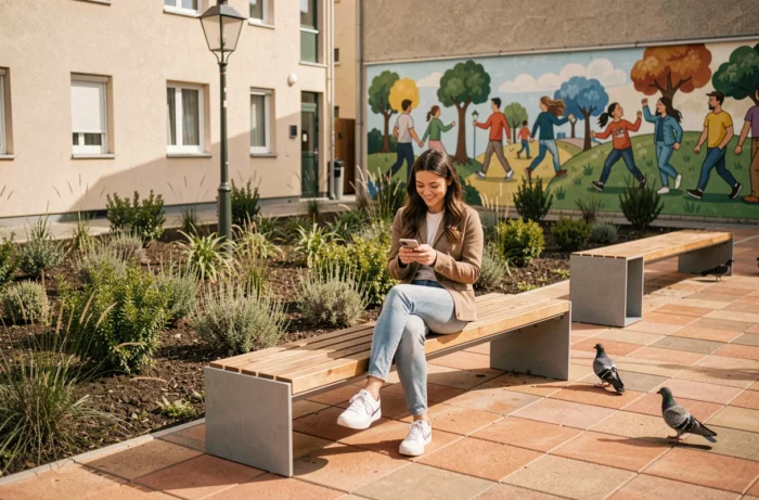 Jeune femme assise dans un square rénové du Quartier Nord de Villeneuve-Saint-Georges avec fresque murale et aménagements paysagers neufs