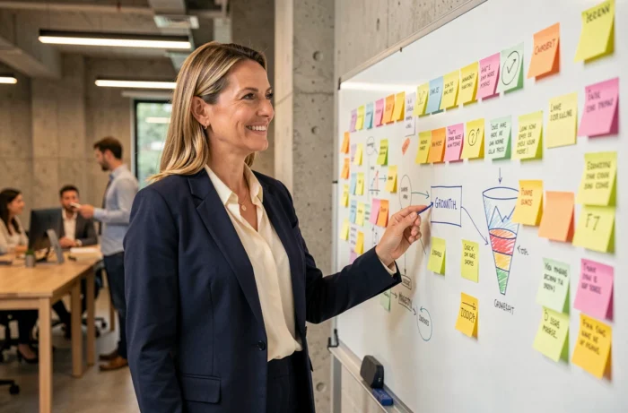 Femme d'affaires présentant une stratégie marketing sur un tableau blanc dans un bureau moderne