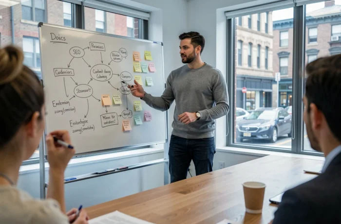 Stratège SEO présentant une stratégie de marketing digital sur un tableau blanc lors d'une réunion d'équipe en agence web