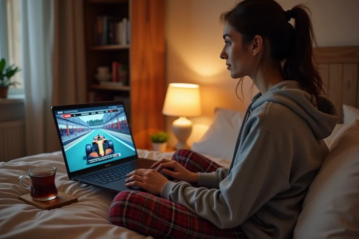 Femme regardant un Grand Prix de Formule 1 en streaming sur ordinateur portable depuis sa chambre