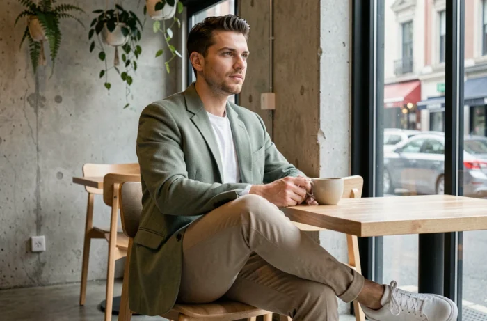 Homme stylé en blazer vert sauge et chino beige assis dans un café minimaliste, inspiration mode masculine contemporaine
