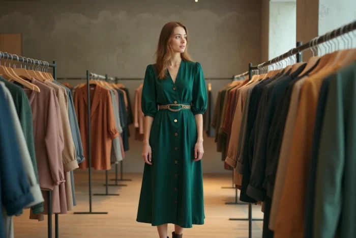 Femme en robe mi-longue vert forêt dans une boutique de mode minimaliste haut de gamme, tendances mode élégante féminine