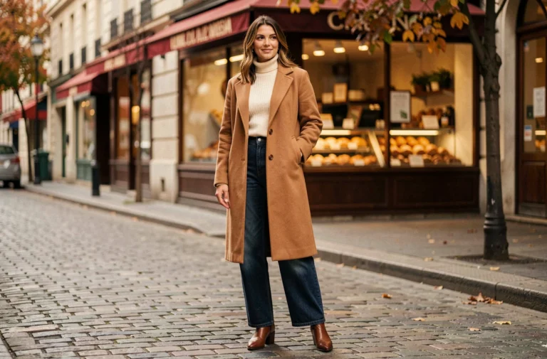 Femme élégante en manteau camel et jean large, tendance mode automne-hiver dans une rue pavée parisienne