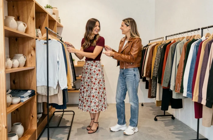 Deux femmes tendance faisant du shopping dans une boutique de mode indépendante, styles variés entre jupe fleurie et veste en cuir cognac