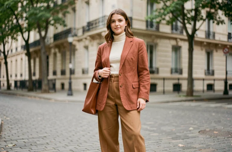Femme élégante portant un blazer oversize terracotta et un pantalon large camel dans une rue pavée parisienne, style mode automne 2024