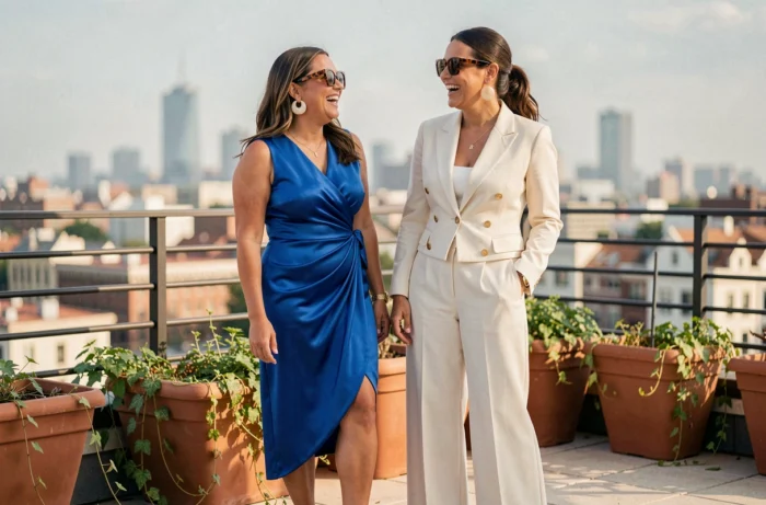 Deux femmes élégantes en rooftop portant des tenues tendance 2024, robe asymétrique bleue cobalt et ensemble ivoire coordonné, style éditorial urbain