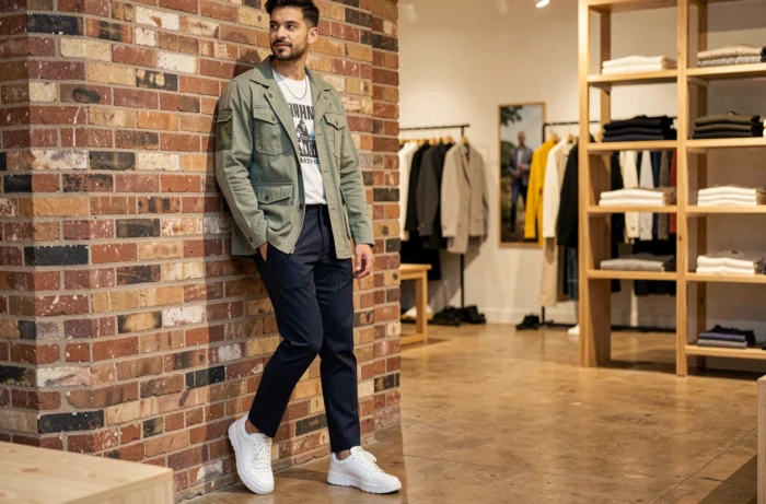 Homme tendance en veste utilitaire vert sauge et sneakers épaisses blanches dans un concept store, look mode masculin audacieux 2024