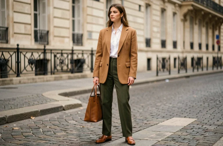Femme élégante portant un blazer oversize camel et un pantalon olive dans une rue parisienne, tendances mode automne